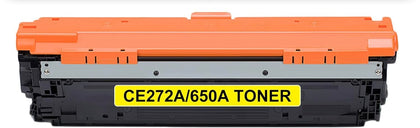 CE272A (650A) yellow toner cartridge compatible with HP LaserJet Color CP5525, prints up to 13,000 pages with vibrant, reliable color output.