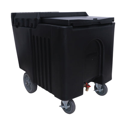 Insulated black ice caddy with thick foam insulation, durable plastic body, reinforced handles, smooth casters, sloped interior for drainage, ideal for catering, events, and commercial kitchens