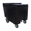 Insulated black ice caddy with thick foam insulation, durable plastic body, reinforced handles, smooth casters, sloped interior for drainage, ideal for catering, events, and commercial kitchens