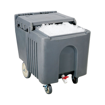 Insulated gray ice caddy with thick foam insulation, durable plastic body, reinforced handles, smooth casters, and angled interior for easy drainage—ideal for catering and commercial foodservice