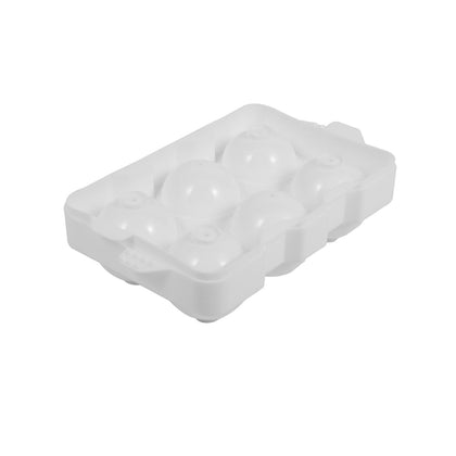 White round ice cube tray with lid, 6-compartment design, made from durable food-safe polypropylene, stackable, spill-resistant, ideal for bars, catering, and kitchen ice preparation