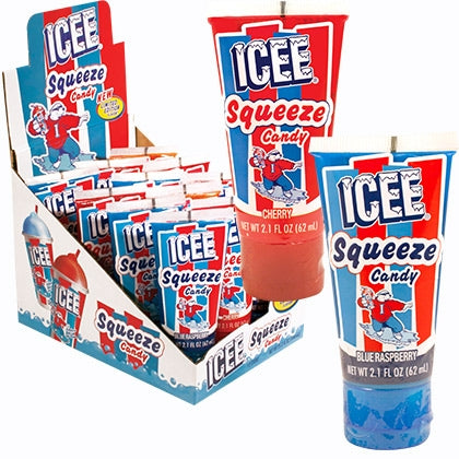Icee Squeeze Candy display with cherry and blue raspberry 2.1oz tubes