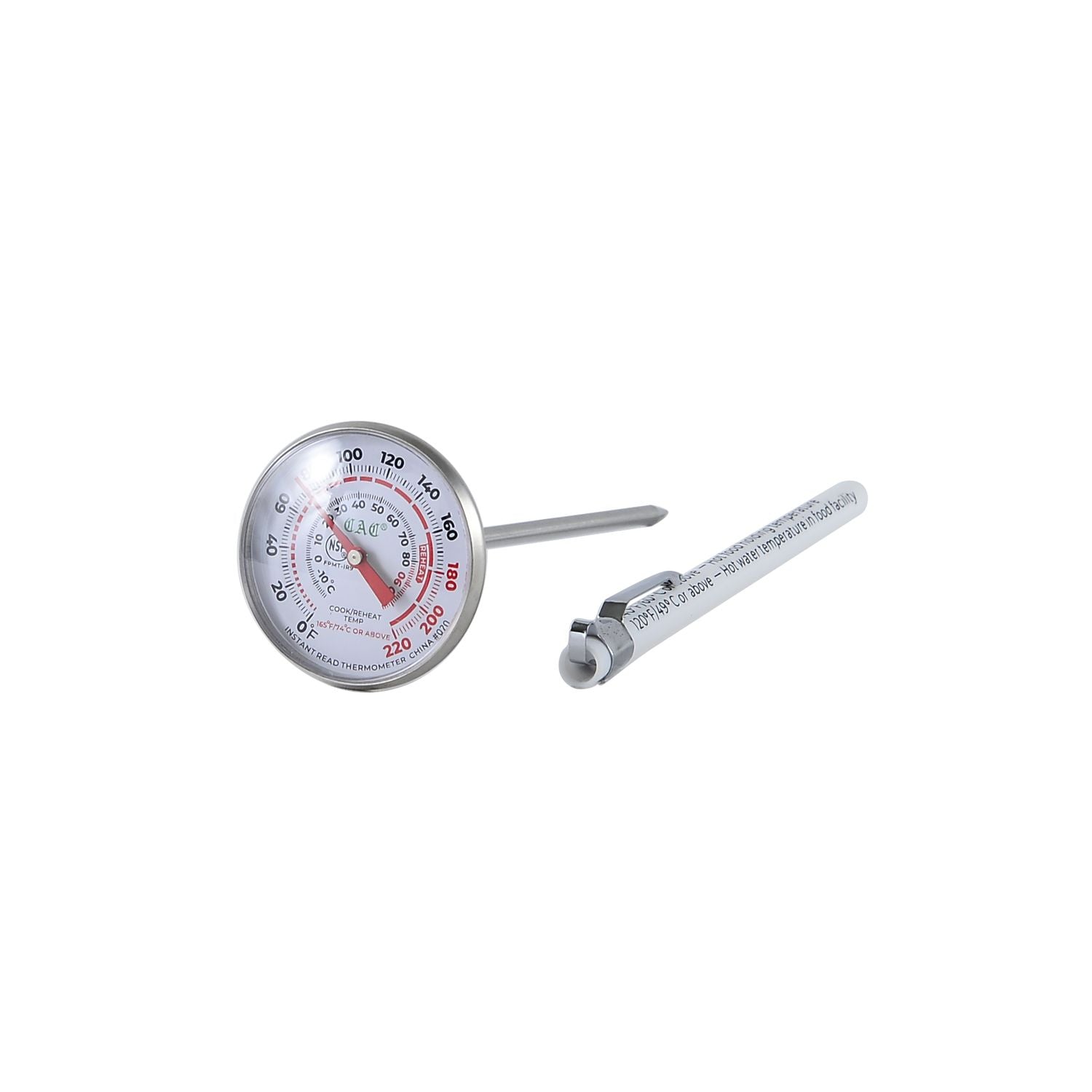 Instant read thermometer with 0–220°F / -18–104°C range. Durable, fast, and accurate with easy-to-read digital display. Packed 72 per case for commercial and home kitchen use.