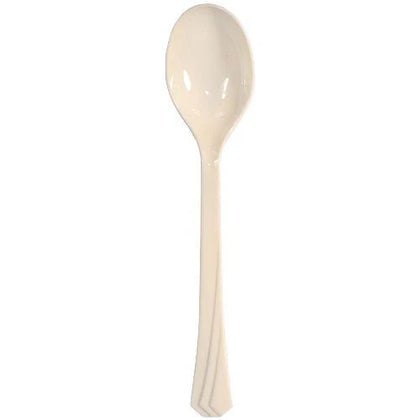 Ivory disposable soup spoon, perfect for soups, stews, and desserts. Elegant and durable, ideal for weddings, parties, and events. Adds sophistication and convenience with easy cleanup and style.