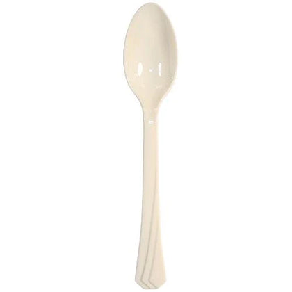 Ivory disposable teaspoon, perfect for tea, coffee, and desserts. Elegant, durable, and ideal for weddings, parties, and events. Adds sophistication and style to any table setting with easy cleanup.

