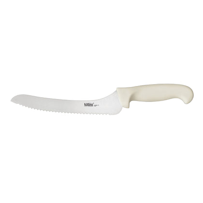 Klinge 9-inch offset stamped bread knife with serrated edge, ergonomic handle, and lightweight build, designed for safe slicing, packed 36 per case for bakeries, cafes, and commercial kitchens