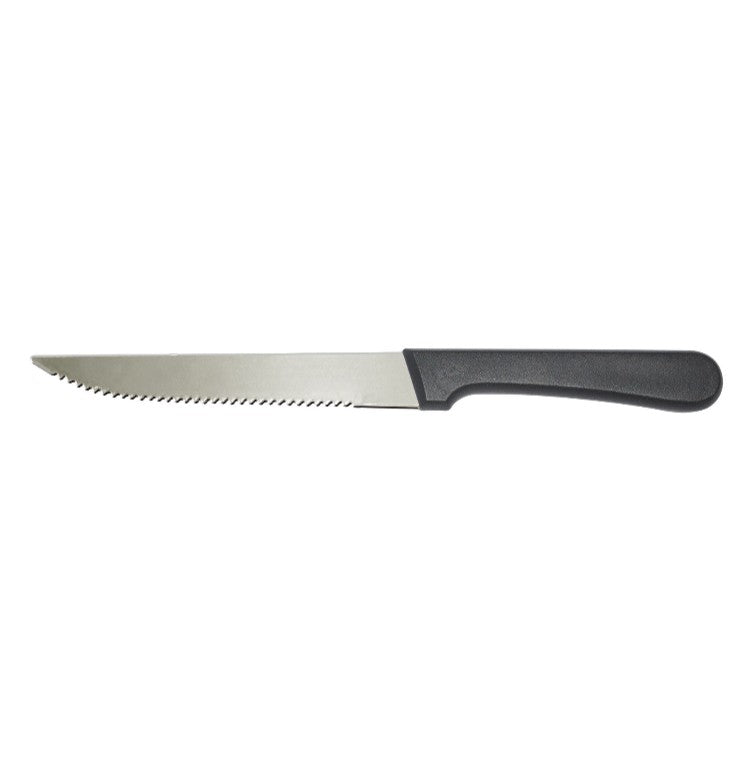 Steak knife 5-inch blade with pointed tip and durable plastic handle, sharp, rust-resistant, easy to clean, comfortable grip, perfect for cutting steaks and meat. (Packed By: 48 Dozen Per Case).