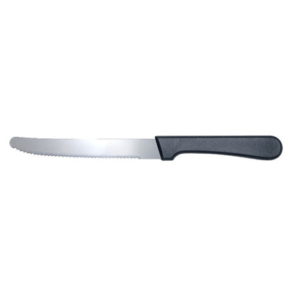 Steak knife 5-inch blade with round tip and durable plastic handle, sharp, rust-resistant, easy to clean, comfortable grip, perfect for cutting steaks and meats. (Packed By: 48 Dozen Per Case).