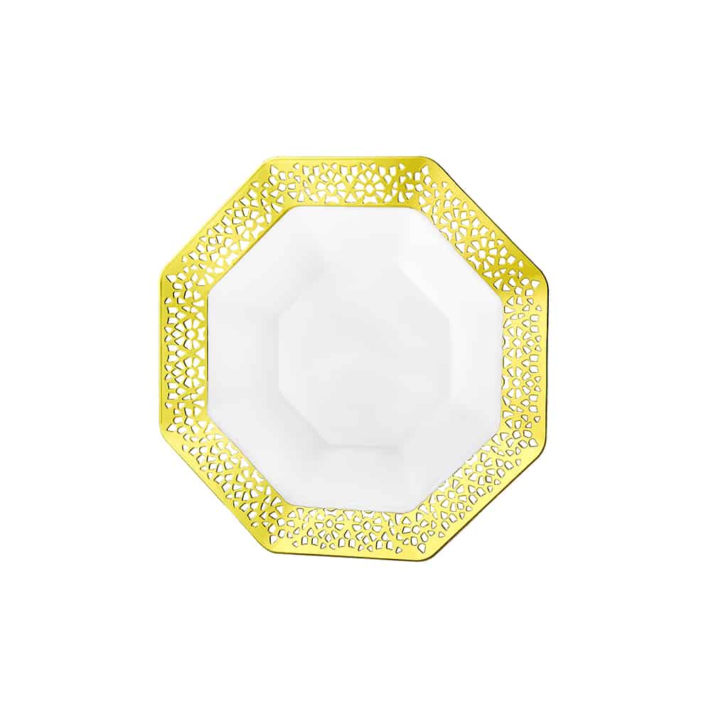 Lacetagon Gold Bowls in 14oz and 5oz sizes. Elegant, durable, and reusable. Perfect for serving soups, salads, sides, and desserts at weddings, parties, catering, and upscale gathering