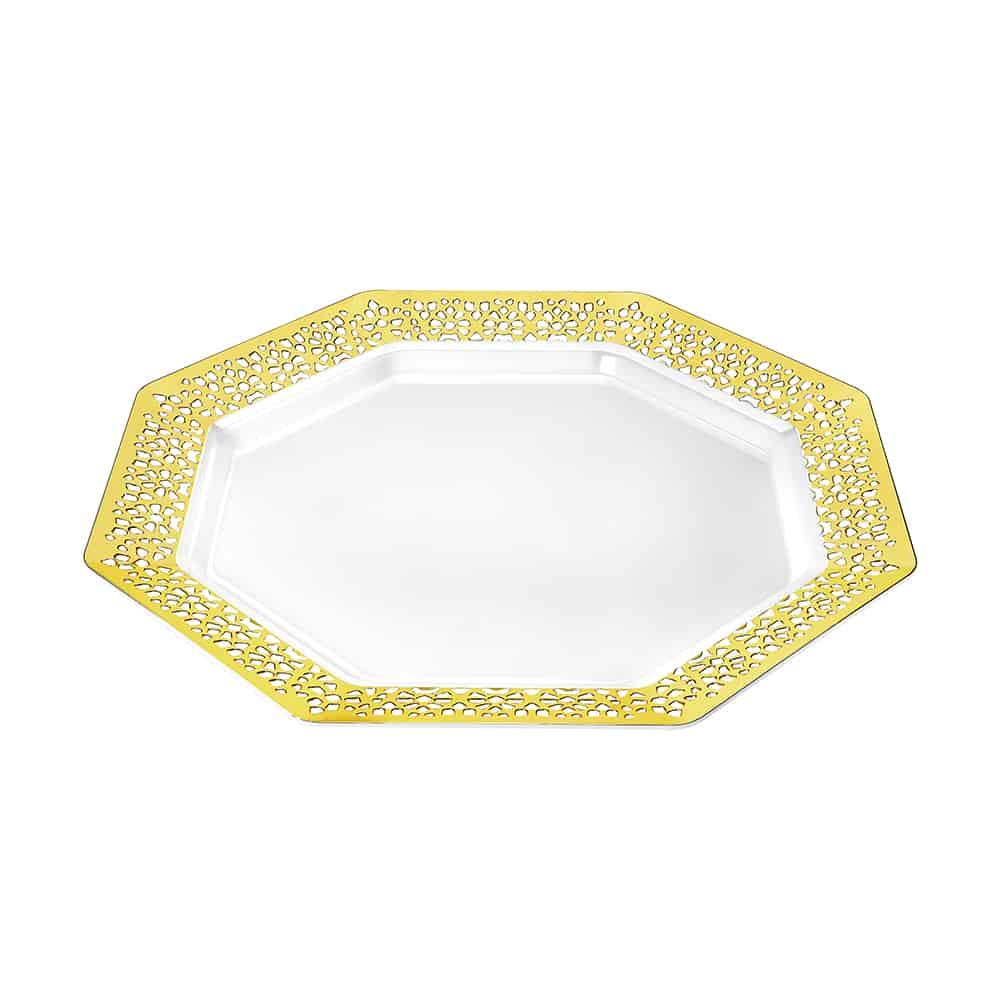 Lacetagon Gold Plates in 11-inch, 9-inch, and 7-inch sizes. Elegant, durable, and reusable. Perfect for weddings, parties, catering, and family gatherings. Ideal for meals, appetizers, and desserts