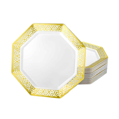 Lacetagon Gold Plates in 11-inch, 9-inch, and 7-inch sizes. Elegant, durable, and reusable. Perfect for weddings, parties, catering, and family gatherings. Ideal for meals, appetizers, and desserts