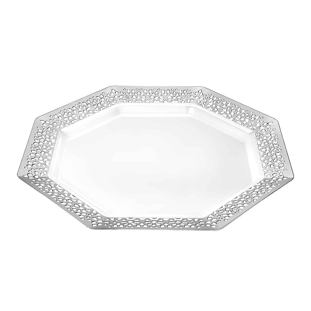 Lacetagon Premium Silver Plates in 11-inch, 9-inch, and 7-inch sizes. Elegant, durable, reusable dinnerware. Perfect for weddings, parties, catering, and family gatherings. Ideal for meals and desserts