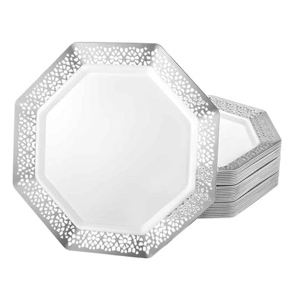 Lacetagon Premium Silver Plates in 11-inch, 9-inch, and 7-inch sizes. Elegant, durable, reusable dinnerware. Perfect for weddings, parties, catering, and family gatherings. Ideal for meals and desserts