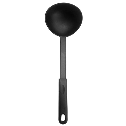 Black nylon 5oz ladle with heat-resistant, deep bowl design, safe for nonstick cookware, lightweight and dishwasher safe; perfect for commercial kitchens; packed 144 each per case for bulk use.