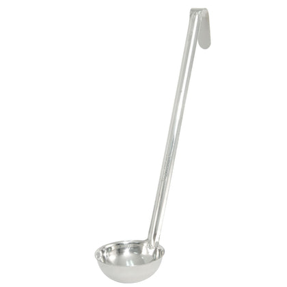 Durable 8oz stainless steel one-piece ladle with deep bowl, seamless design, and comfortable handle for hygienic and accurate serving. Ideal for foodservice. Packed 120 each per case.