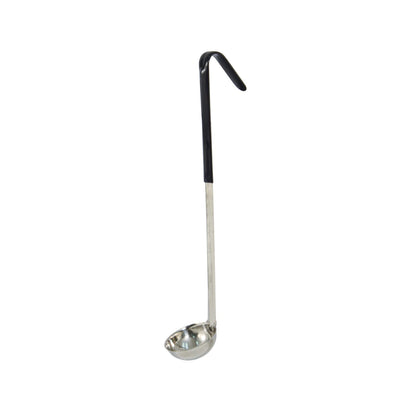 Stainless steel one-piece ladle 1oz with black ergonomic handle, durable rust-resistant construction, perfect for precise small portion serving of sauces, dressings, and condiments in commercial kitchens and catering