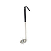 Stainless steel one-piece ladle 1oz with black ergonomic handle, durable rust-resistant construction, perfect for precise small portion serving of sauces, dressings, and condiments in commercial kitchens and catering