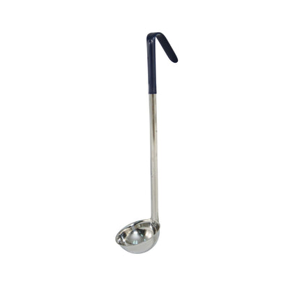 Durable stainless steel one-piece 2oz ladle with blue heat-resistant handle, deep bowl, and seamless body for safe, hygienic, and accurate serving. Packed 120 each per case for commercial use.