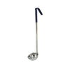 Durable stainless steel one-piece 2oz ladle with blue heat-resistant handle, deep bowl, and seamless body for safe, hygienic, and accurate serving. Packed 120 each per case for commercial use.