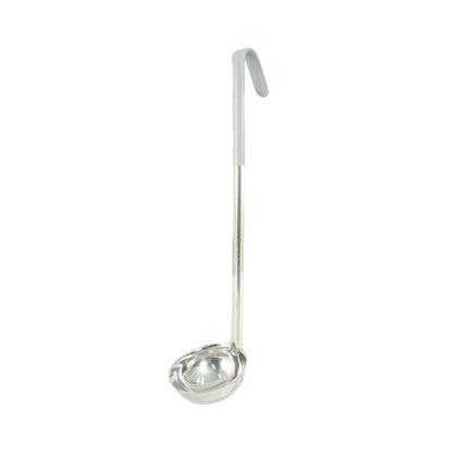 4oz stainless steel one-piece ladle with gray handle, seamless construction, and deep bowl for hygienic and accurate serving. Durable and color-coded. Packed 120 each per case for commercial kitchens.