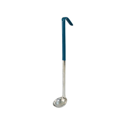Stainless steel one-piece ladle 0.5oz with green ergonomic handle, rust-resistant durable design, seamless construction, perfect for portion control of sauces and dressings in commercial kitchens