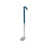 Stainless steel one-piece ladle 0.5oz with green ergonomic handle, rust-resistant durable design, seamless construction, perfect for portion control of sauces and dressings in commercial kitchens