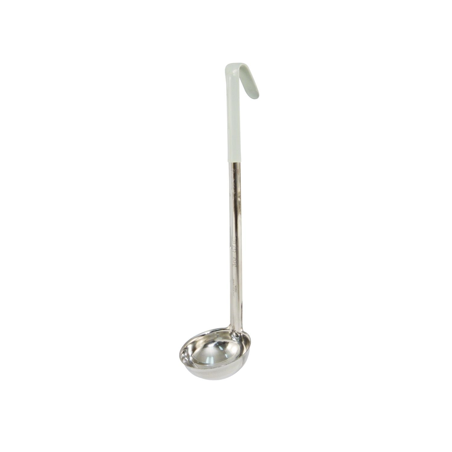 Durable stainless steel one-piece 3oz ladle with ivory heat-resistant handle, seamless body, and deep bowl for hygienic and accurate serving. Packed 120 each per case for commercial kitchens.