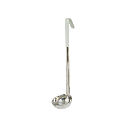 Durable stainless steel one-piece 3oz ladle with ivory heat-resistant handle, seamless body, and deep bowl for hygienic and accurate serving. Packed 120 each per case for commercial kitchens.