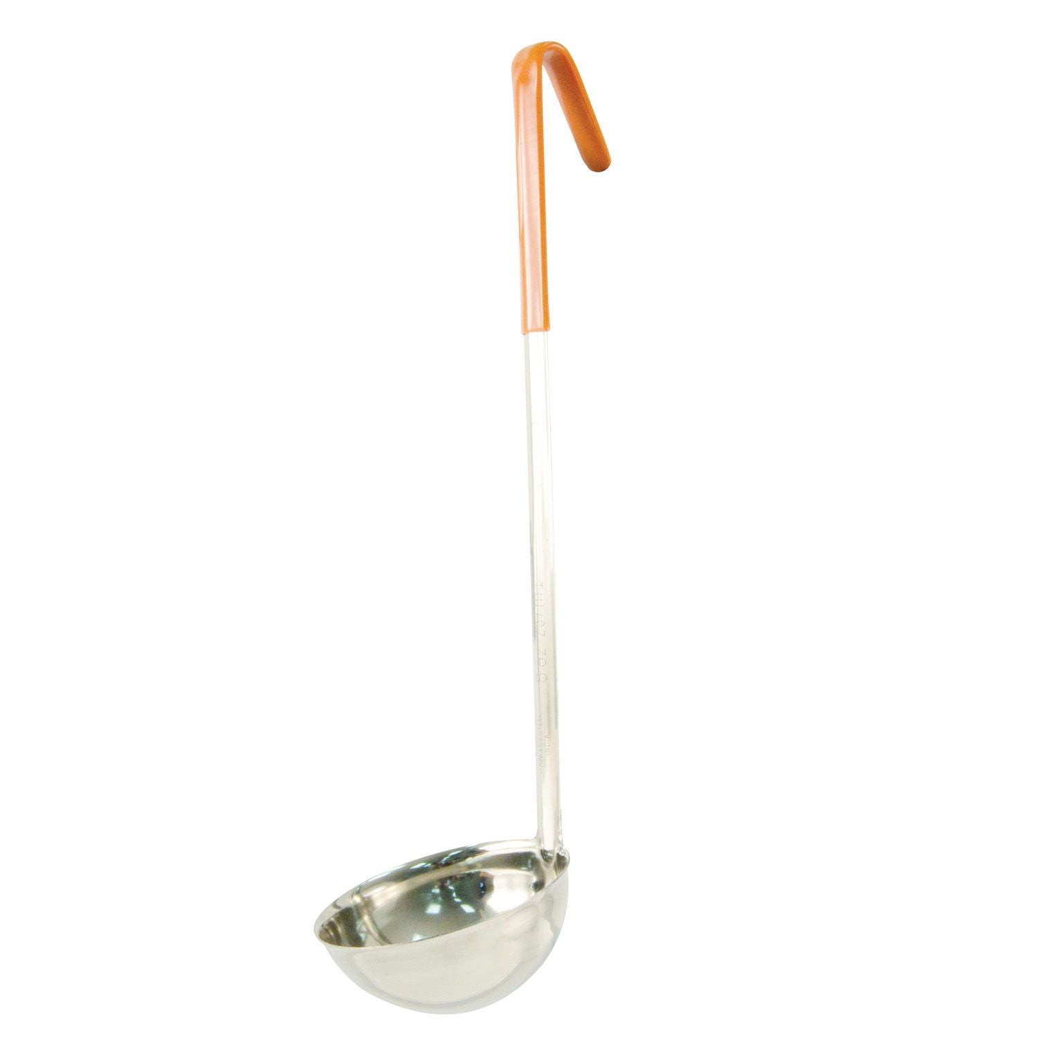 Durable 8oz stainless steel one-piece ladle with orange heat-resistant handle, deep bowl, and seamless design for hygienic, precise serving. Packed 60 each per case for commercial kitchens.