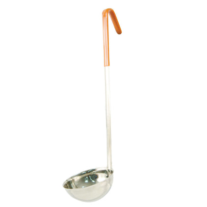 Durable 8oz stainless steel one-piece ladle with orange heat-resistant handle, deep bowl, and seamless design for hygienic, precise serving. Packed 60 each per case for commercial kitchens.