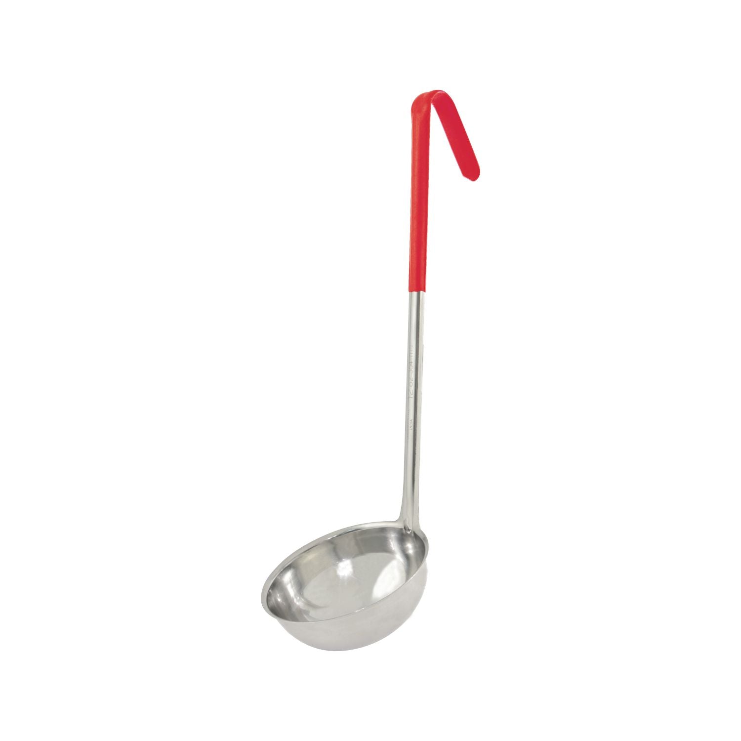 Stainless steel one-piece ladle 12oz with bright red handle, durable rust-resistant construction, comfortable grip for easy serving of soups, sauces, and gravies in commercial kitchens and catering