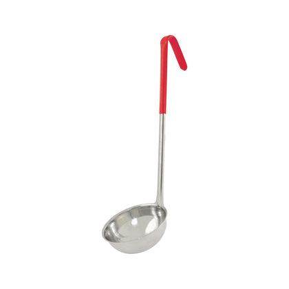 Stainless steel one-piece ladle 12oz with bright red handle, durable rust-resistant construction, comfortable grip for easy serving of soups, sauces, and gravies in commercial kitchens and catering