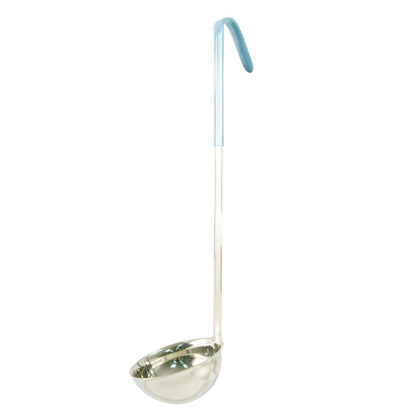 6oz stainless steel one-piece ladle with teal handle, deep bowl, and seamless design for safe, hygienic, and accurate serving. Durable and ideal for foodservice. Packed 120 each per case.