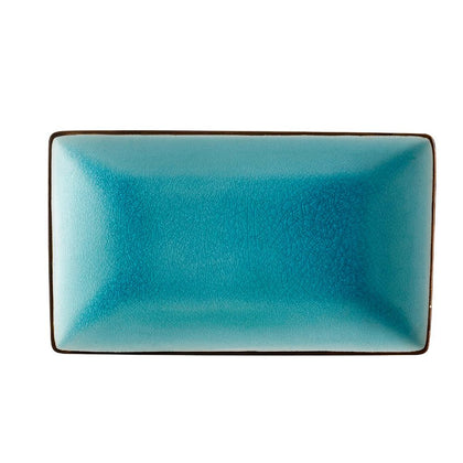 Lake Blue Rectangular Platter 8.5-inch stoneware serving dish, durable and stylish, chip-resistant, microwave-safe, dishwasher-safe, perfect for appetizers, sushi, or desserts.