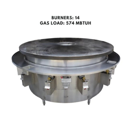 Large Mongolian Barbecue Range with an 84-inch cooktop and center hole, designed for natural gas. Ideal for cooking large quantities of food with a spacious cooking surface.