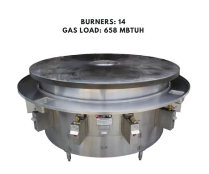 Large Mongolian Barbecue Range with an 84-inch cooktop and center hole, designed for propane gas, perfect for high-volume cooking.
