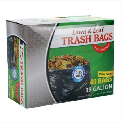 39-gallon lawn and leaf bags with twist ties, durable and tear-resistant for collecting leaves, grass clippings, branches, and garden waste. Ideal for large yard cleanups and landscaping.