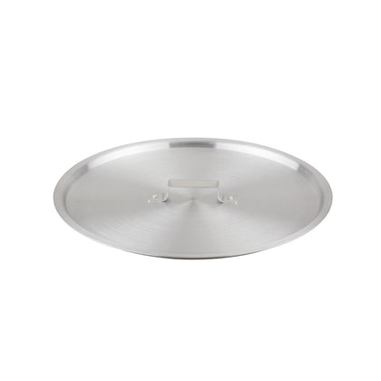 Lid aluminum for 60QT sauce pot and 30QT brazier with riveted handle; durable, snug-fitting, warp-resistant design seals in heat and moisture for efficient large-scale cooking.