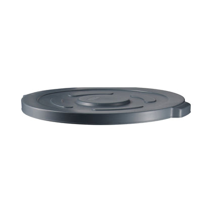 Gray snap-on lid for 44-gallon commercial trash can; heavy-duty reinforced edges, molded grip handles, tight-sealing fit for odor control; indoor or outdoor waste management accessory for work sites.