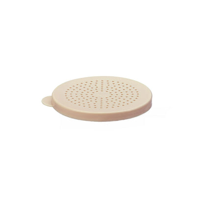 Durable beige 1mm polycarbonate lid for PDRG series dredges, break-resistant, color-coded for kitchen safety, easy to clean, packed 144 per case, ideal for commercial kitchen ingredient control.