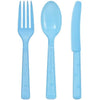 Disposable combo cutlery sets in pink, red, light blue, hot pink, silver, gold, blue, and black. Includes forks, knives, and spoons. Durable and stylish for weddings, parties, and hassle-free cleanup.