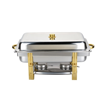 Luminous full size 8QT chafer set with mirror finish and full setup; elegant & durable design ideal for buffets, weddings, catering, and professional food service with heat retention.
