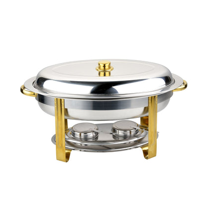 Luminous oval 6QT chafer set with mirror finish, complete setup, and durable build; perfect for buffets, catering, weddings, and restaurants needing elegant, heat-retaining food presentation.