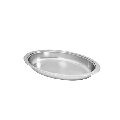 Luminous oval food pan for Luminous chafer with mirror finish, precise fit, and durable construction; ideal for catering, buffets, banquets, and professional food service environments.