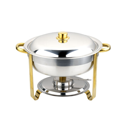Luminous round 4QT chafer set with mirror finish, complete warming components, and compact design; elegant & durable for buffets, weddings, brunches, and professional catering use.