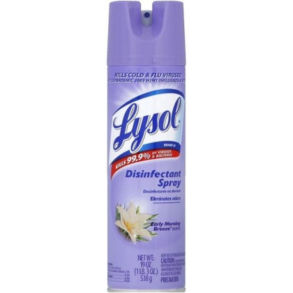 Lysol Disinfectant Spray in Early Morning Breeze scent kills 99.9% of viruses and bacteria while leaving behind a light floral fragrance. This 19oz spray helps protect your home by disinfecting hard non-porous surfaces such as countertops, doorknobs, and bathroom fixtures. It also eliminates odors, creating a clean and refreshing environment with every use.