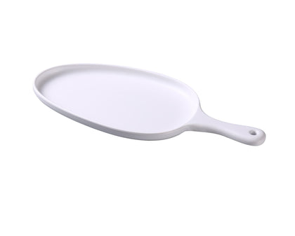 Yanco Pan Plate with Handle MO-809 Crafted from high-quality melamine, this plate boasts a sleek matte finish in an elegant white hue that will impress even the most discerning guests. The organic shape of the plate, with its unique curves and contours, adds a touch of sophistication to any dish you serve. The plate also features a convenient handle for easy carrying and serving.