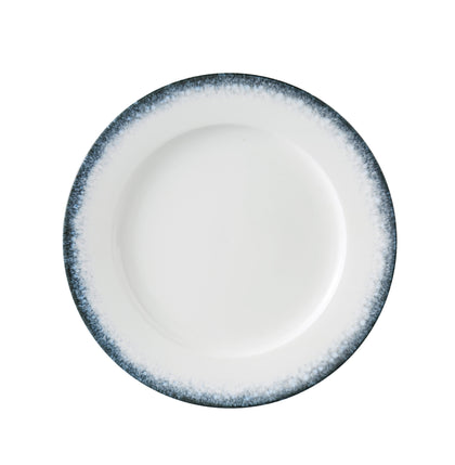 Yanco Dinner Plate MR-110 offers a clean, contemporary presentation with a striking midnight blue rim framing its bright white surface. Measuring 10 1/4