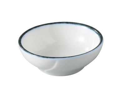 Yanco Sauce Dish MR-502 is a compact yet stylish option for serving condiments, dipping sauces, and small accompaniments. Featuring a crisp white interior and a distinctive midnight blue rim, this dish adds a modern touch to your presentation while keeping portions controlled. Its small size makes it ideal for use in restaurants, catering setups, or upscale casual dining.