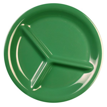 Yanco Three-Compartment Plate MS-710GR It is made from durable and reliable melamine material, which makes the plate look like ceramics. Melamine tableware is a perfect solution for those who choose a reliable, durable, high-quality and affordable dinnerware for their food-serving establishment. These round 3-compartment plates are easy to clean, NSF listed and BPA safe.